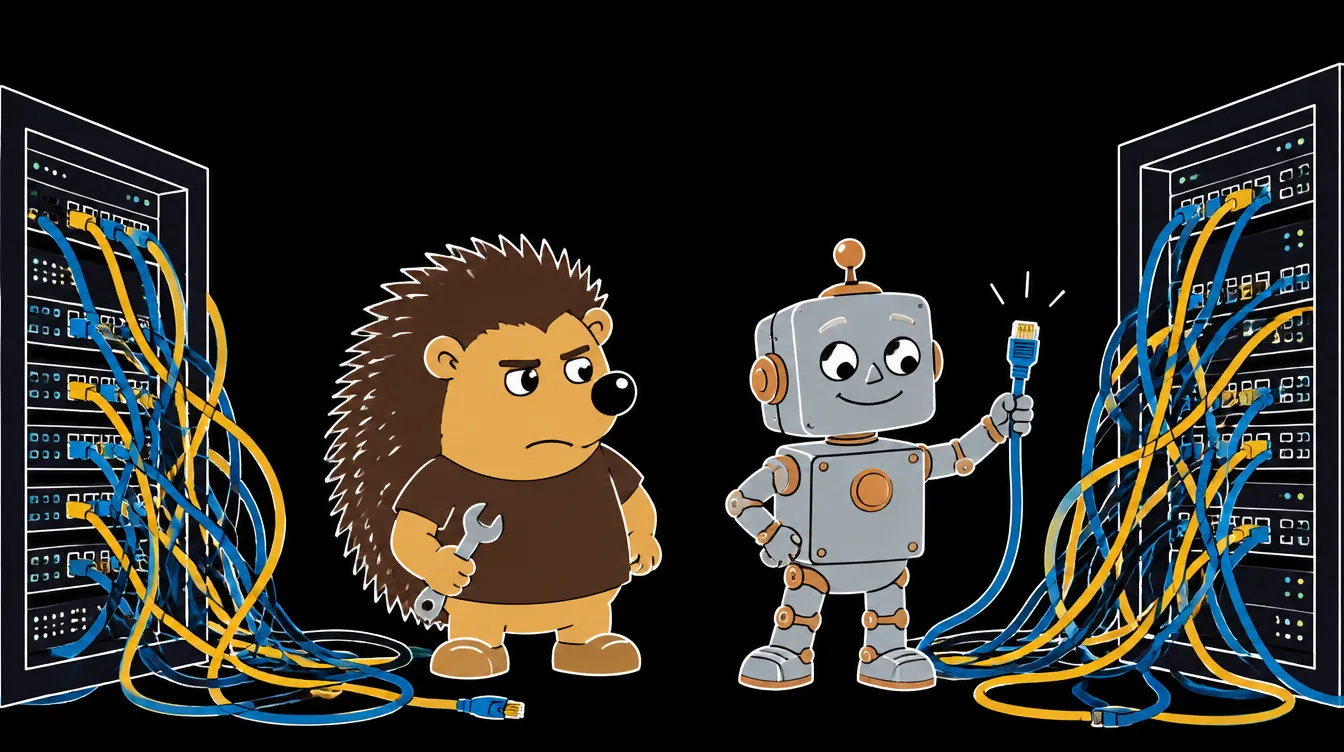 Der Nighthog und der Roboter stehen nebeneinander zwischen Serverracks in einem dunklen Rechenzentrum.